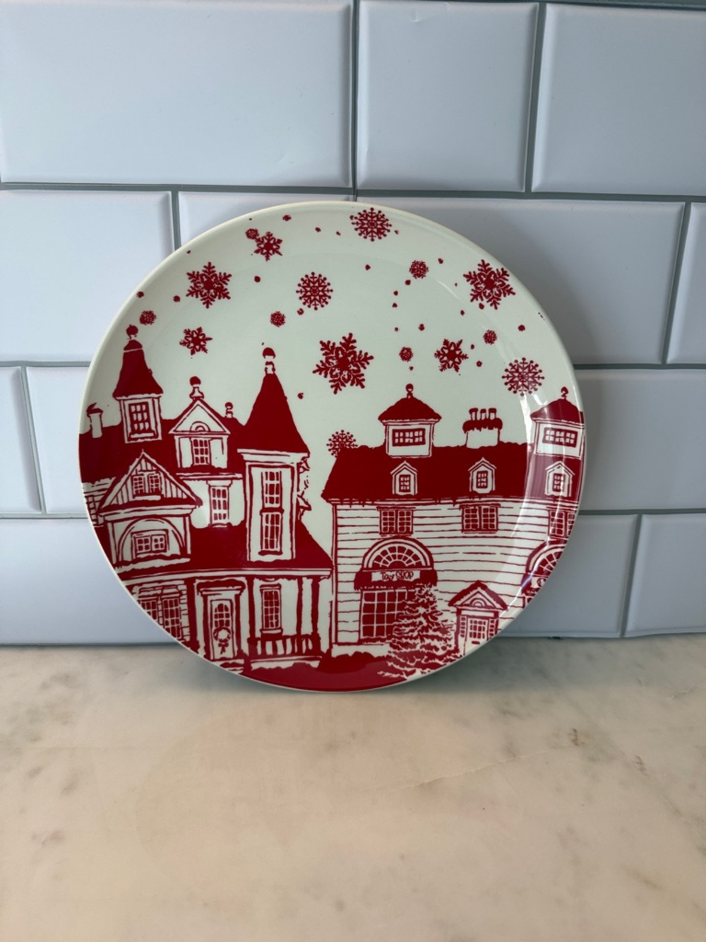 Holiday Village Salad Plate - Red and White 8.75 in Diameter